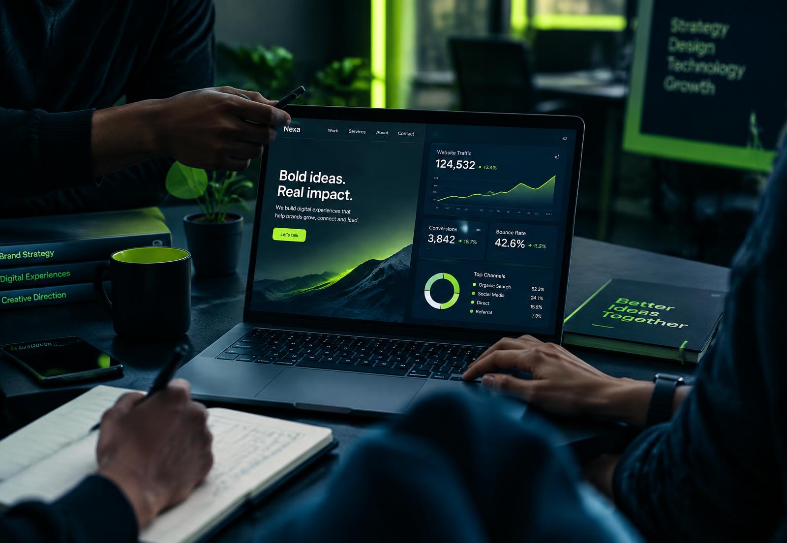 Team reviewing a website and analytics dashboard